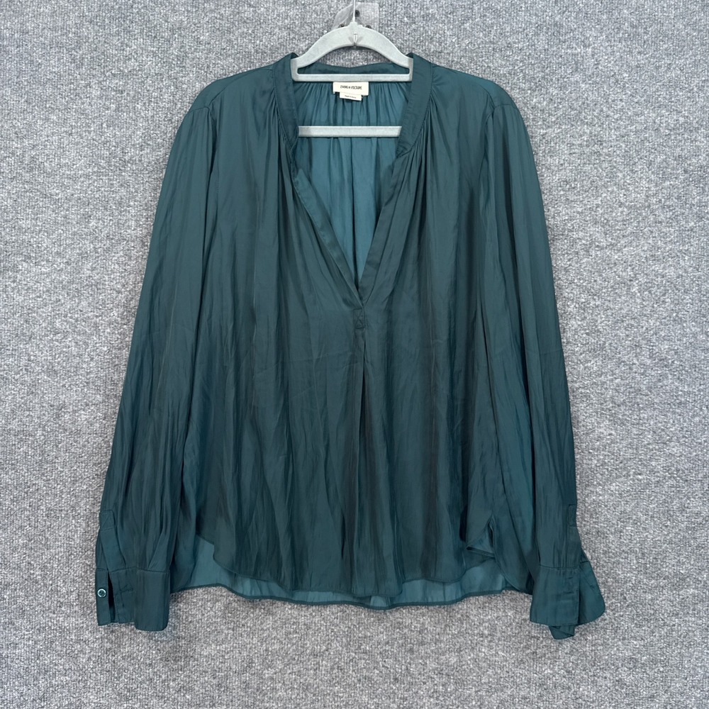 Zadig & Voltaire Tink Blouse Womens Large Teal Green Vneck Long Sleeve Top